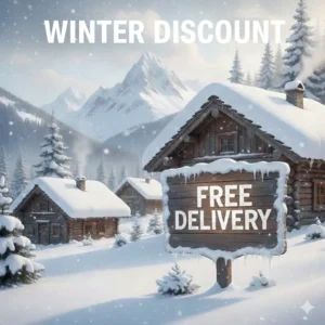 Winter discount banner with snowy cabins and a wooden sign showing “Free Delivery”