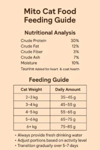 Mito Cat Food feeding guide infographic showing daily portions and nutritional analysis for cats
