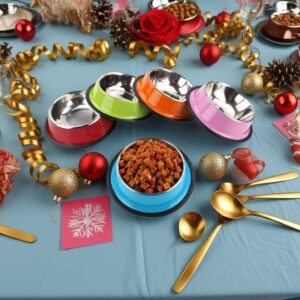 Colored water and food pet bowls.