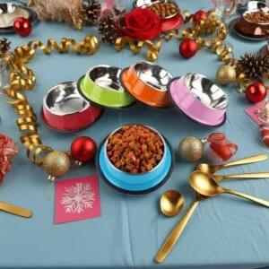 Colored water and food pet bowls.