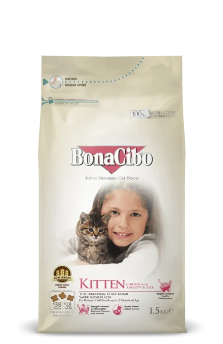 Bonacibo Kitten Food – premium dry kitten food with chicken and rice, available at Reem Pet Store Pakistan.