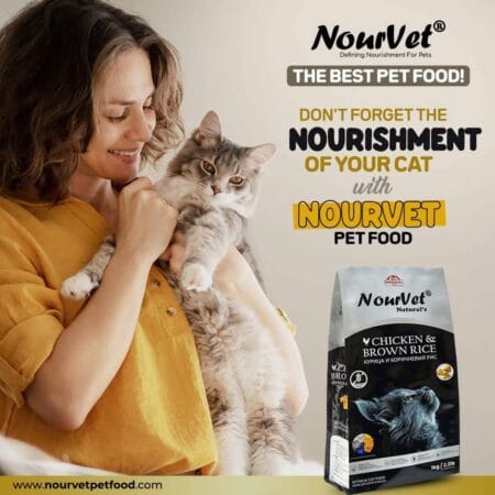 NourVet Naturals Chicken and Brown Rice Cat Food with woman holding healthy cat, premium adult cat food nutrition in Pakistan
