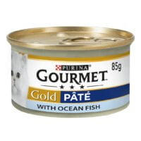 Image shows tin of gourmet gold ocean fish pet,