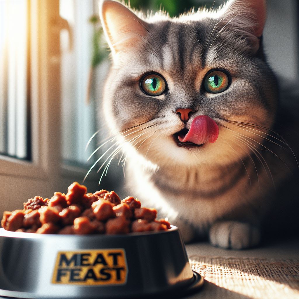 Cat Eating Meat Feast in a Bowl