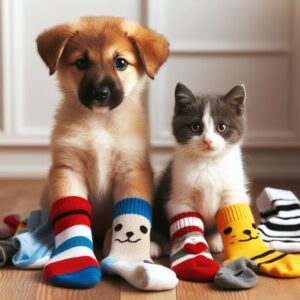 Image of cat and dog wearing colourful socks
