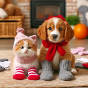 Image of dog and cat wearing socks
