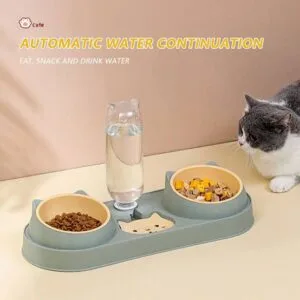 Cat Face Double Feeding Bowl with Water Bottle