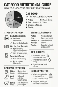 Cat food nutritional guide infographic with nutrition chart, feeding tips, and types of cat food.