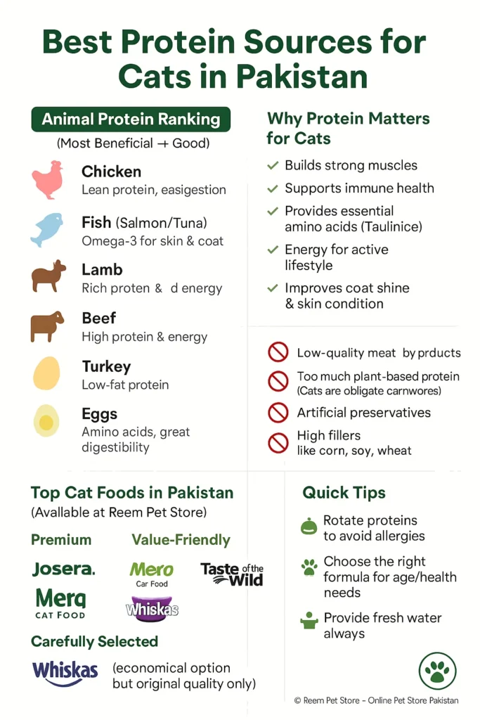 Bar chart ranking top cat food brands by protein content in the Pakistan market. Taste of the Wild leads with 42% crude protein, followed by Royal Canin (37–40%), Kedio (33–36%), Bonacibo (30–36%), Josera (31.8–35%), Petiva (34%), Mera (34%), Happy Cat (26–35%), and Mito (26–30%). Infographic by Reem Pet Store Pakistan.”