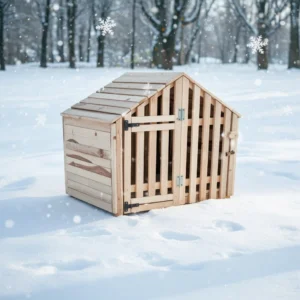 Wooden dog kennel with hatch and latch gate