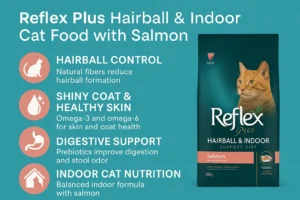 Reflex Plus Hairball and Indoor Cat Food with Salmon infographic showing key benefits for indoor cats