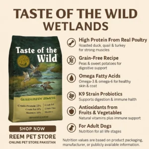 This infographic showcases Taste of the Wild Wetlands Canine Formula, a grain-free adult dog food made with real poultry including roasted duck, quail, and turkey. The product bag is featured on the left with a wetland and waterfowl design. On the right, the infographic highlights major benefits such as high protein for muscle support, grain-free energy from peas and sweet potatoes, omega-3 and omega-6 fatty acids for healthy skin and coat, K9 strain probiotics for digestion and immune system health, and antioxidant support from fruits and vegetables. The design includes a guaranteed analysis — 32% crude protein, 18% crude fat, and 4% fiber