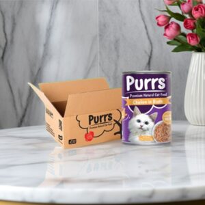 Image of Tin of 400 g of wet cat food, brand purrs, chicken in broth