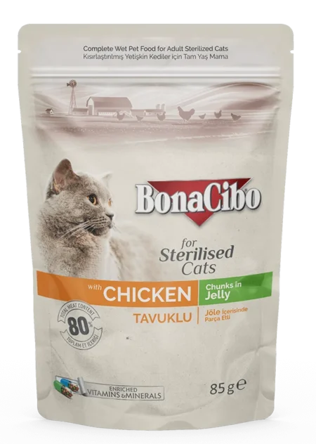 BonaCibo Sterilised Cat Food Chicken Chunks in Jelly 85g