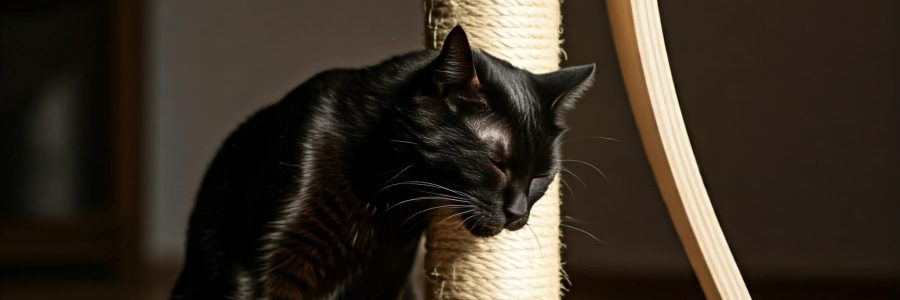 Cat sitting next to Cat Scratch post